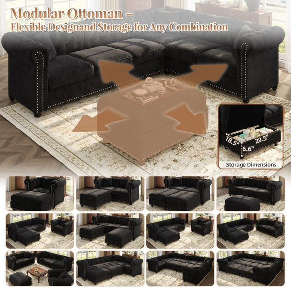 English Elm 38.5 Inch Chesterfield Chenille Sectional Sofa Nailhead Tufted Deep Seat Living Room Black With Storage Ottoman W3219S00043