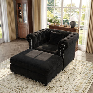 English Elm 38.5 Inch Chesterfield Chenille Sectional Sofa Nailhead Tufted Deep Seat Living Room Black With Storage Ottoman W3219S00043