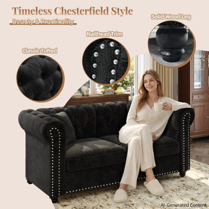 English Elm 38.5 Inch Chesterfield Chenille Sectional Sofa Nailhead Tufted Deep Seat Living Room Black With Storage Ottoman W3219S00043