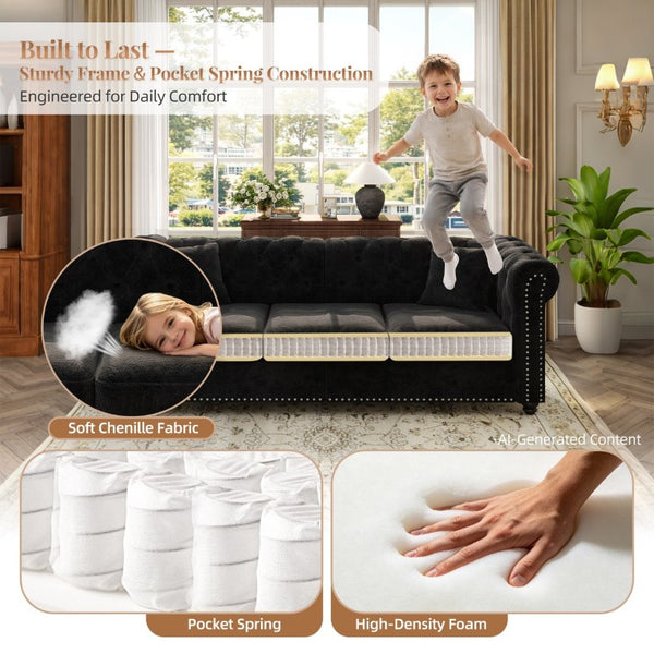 English Elm 38.5 Inch Chesterfield Chenille Sectional Sofa Nailhead Tufted Deep Seat Living Room Black With Storage Ottoman W3219S00043