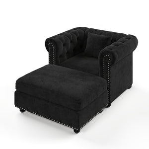 English Elm 38.5 Inch Chesterfield Chenille Sectional Sofa Nailhead Tufted Deep Seat Living Room Black With Storage Ottoman W3219S00043