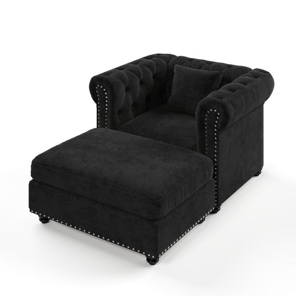 English Elm 38.5 Inch Chesterfield Chenille Sectional Sofa Nailhead Tufted Deep Seat Living Room Black With Storage Ottoman W3219S00043