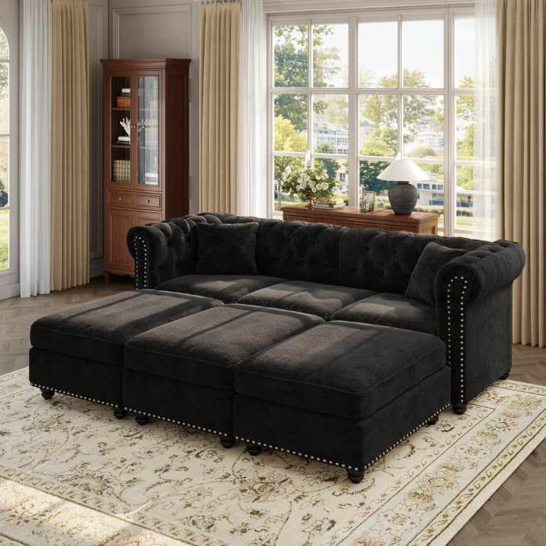 English Elm 82.2 Inch Chesterfield Chenille Sectional Sofa with Tufting Nailhead Trim and Ottoman Black 3 Storage Ottomans W3219S00053