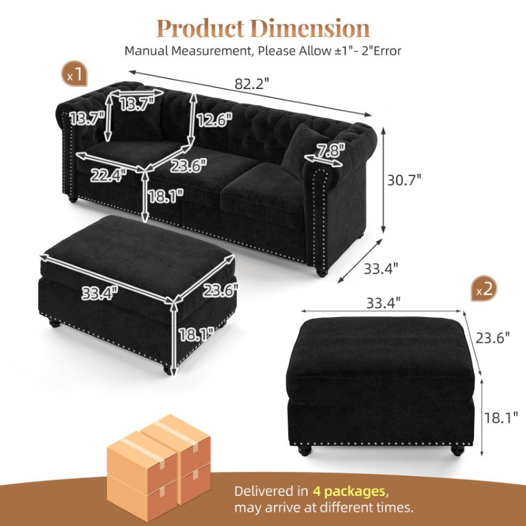 English Elm 82.2 Inch Chesterfield Chenille Sectional Sofa with Tufting Nailhead Trim and Ottoman Black 3 Storage Ottomans W3219S00053