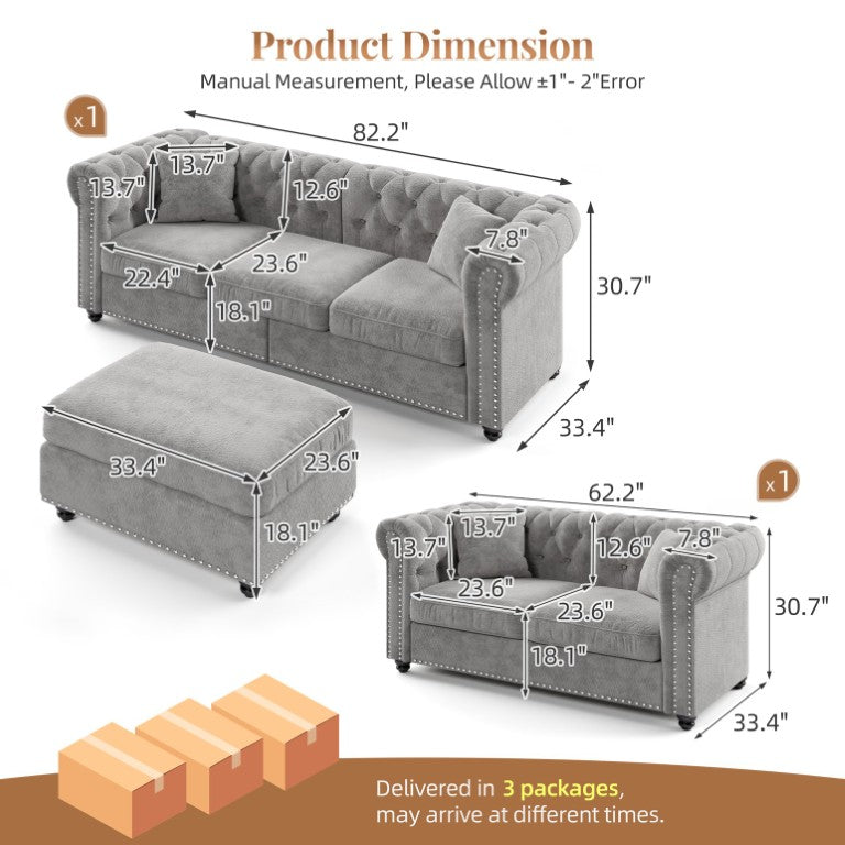 English Elm Chesterfield Tufted Chenille Sectional with Nailhead Arms and Storage Ottoman for Living Rooms W3219S00056