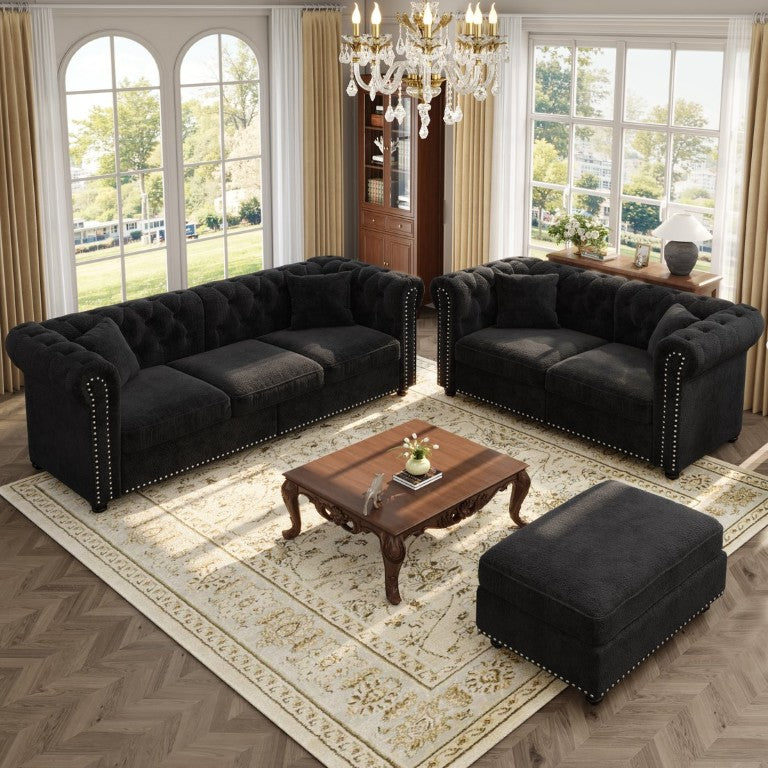 English Elm Chesterfield Tufted Chenille Sectional with Nailhead Trim and Storage Ottoman W3219S00057