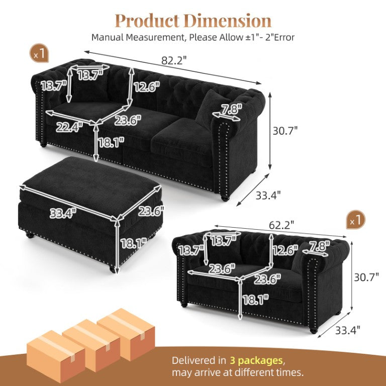 English Elm Chesterfield Tufted Chenille Sectional with Nailhead Trim and Storage Ottoman W3219S00057