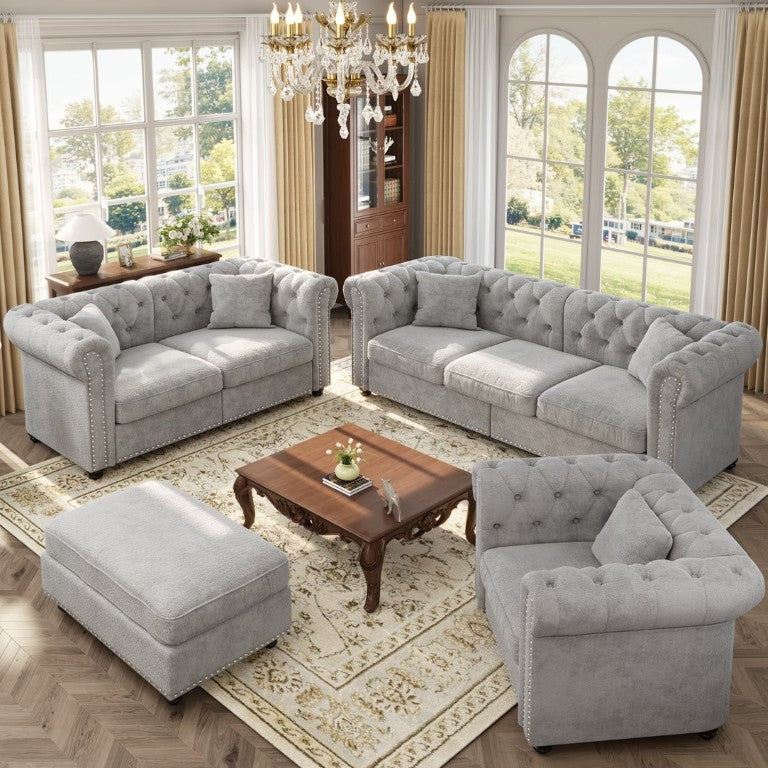 English Elm Chesterfield Tufted Chenille Sofa Set with Nailhead Trim and Storage Ottoman W3219S00058