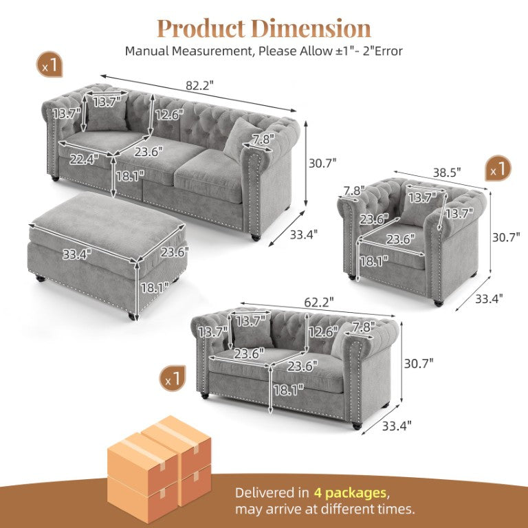 English Elm Chesterfield Tufted Chenille Sofa Set with Nailhead Trim and Storage Ottoman W3219S00058