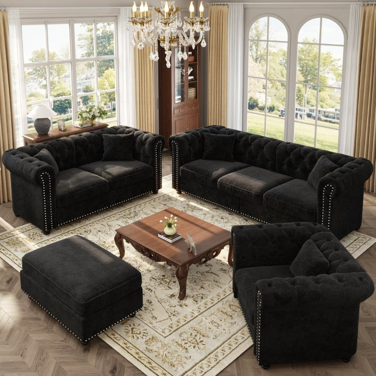 English Elm Chesterfield Tufted Chenille Sectional Set with Nailhead Trim and Storage Ottoman W3219S00059
