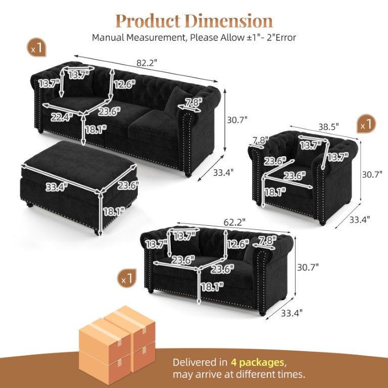 English Elm Chesterfield Tufted Chenille Sectional Set with Nailhead Trim and Storage Ottoman W3219S00059