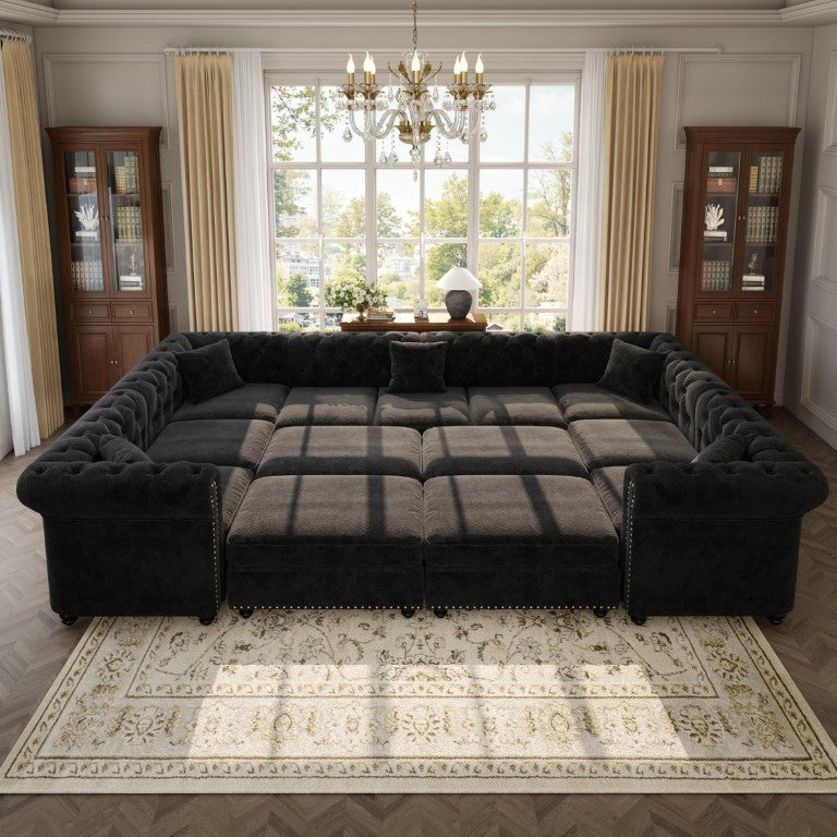 English Elm 134.6 Inch U-Shaped Chenille Sectional with Tufting Nailhead Trim and Rolled Arms Black With 4 Storage Ottomans W3219S00069