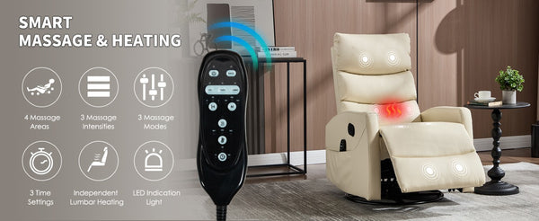English Elm Up to 350 Lb Chenille Power Lift Recliner with Massage Heat and Charging Ports Beige - A W3224P556658