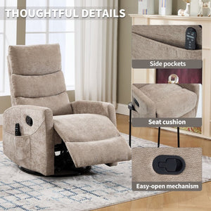 English Elm Up to 350 Lb Chenille Power Lift Recliner with Massage Heat and Charging Ports Khaki W3224P556673