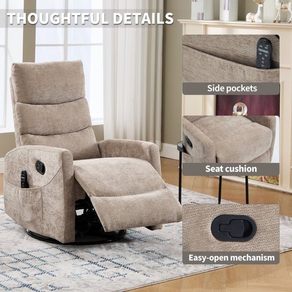 English Elm Up to 350 Lb Chenille Power Lift Recliner with Massage Heat and Charging Ports Khaki W3224P556673