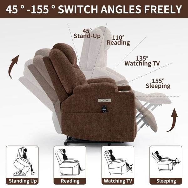 English Elm Up to 350 Lbs Chenille Power Lift Recliner with Massage Lumbar Heat and USB Ports W3224S00040