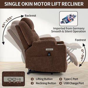 English Elm Up to 350 Lbs Chenille Power Lift Recliner with Massage Lumbar Heat and USB Ports W3224S00040