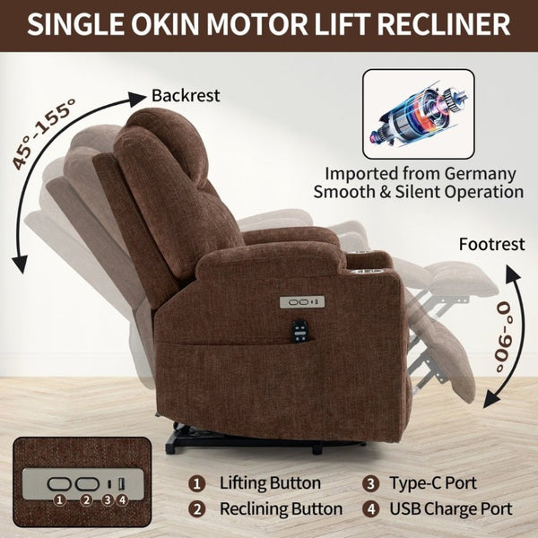 English Elm Up to 350 Lbs Chenille Power Lift Recliner with Massage Lumbar Heat and USB Ports W3224S00040