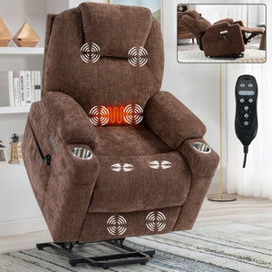 English Elm Up to 350 Lbs Chenille Power Lift Recliner with Massage Lumbar Heat and USB Ports W3224S00040