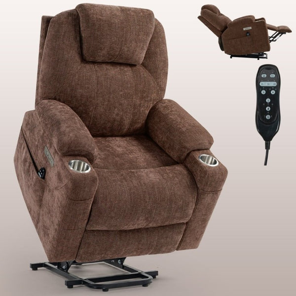 English Elm Up to 350 Lbs Chenille Power Lift Recliner with Massage Lumbar Heat and USB Ports W3224S00040