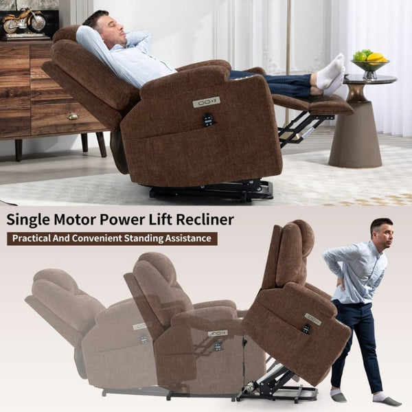 English Elm Up to 350 Lbs Chenille Power Lift Recliner with Massage Lumbar Heat and USB Ports W3224S00040