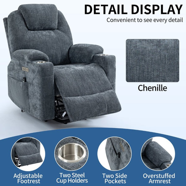 English Elm Up to 350 Lb Chenille Power Lift Recliner with Massage Heat and Charging Ports Blue-gray W3224S00041