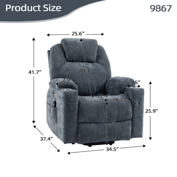 English Elm Up to 350 Lb Chenille Power Lift Recliner with Massage Heat and Charging Ports Blue-gray W3224S00041