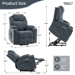 English Elm Up to 350 Lb Chenille Power Lift Recliner with Massage Heat and Charging Ports Blue-gray W3224S00041