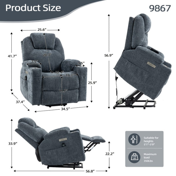 English Elm Up to 350 Lb Chenille Power Lift Recliner with Massage Heat and Charging Ports Blue-gray W3224S00041