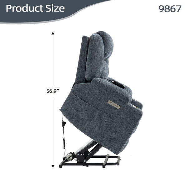 English Elm Up to 350 Lb Chenille Power Lift Recliner with Massage Heat and Charging Ports Blue-gray W3224S00041