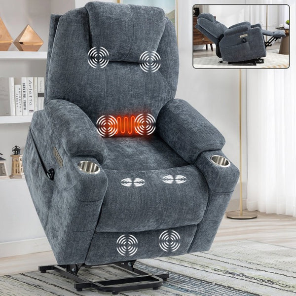 English Elm Up to 350 Lb Chenille Power Lift Recliner with Massage Heat and Charging Ports Blue-gray W3224S00041