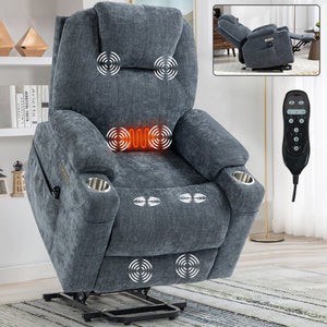 English Elm Up to 350 Lb Chenille Power Lift Recliner with Massage Heat and Charging Ports Blue-gray W3224S00041