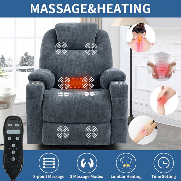 English Elm Up to 350 Lbs Chenille Power Lift Recliner with Massage Heat and Charging Ports W3224S00041