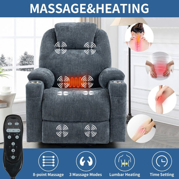 English Elm Up to 350 Lb Chenille Power Lift Recliner with Massage Heat and Charging Ports Blue-gray W3224S00041