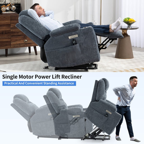 English Elm Up to 350 Lbs Chenille Power Lift Recliner with Massage Heat and Charging Ports W3224S00041