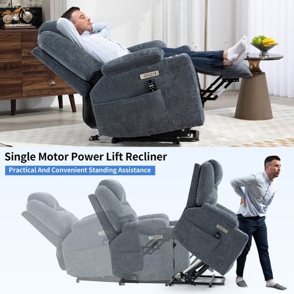 English Elm Up to 350 Lb Chenille Power Lift Recliner with Massage Heat and Charging Ports Blue-gray W3224S00041