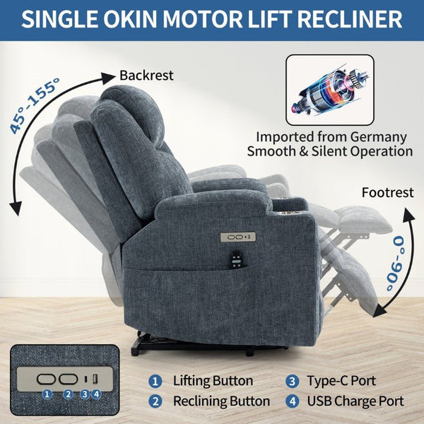 English Elm Up to 350 Lb Chenille Power Lift Recliner with Massage Heat and Charging Ports Blue-gray W3224S00041
