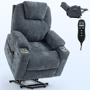 English Elm Up to 350 Lb Chenille Power Lift Recliner with Massage Heat and Charging Ports Blue-gray W3224S00041