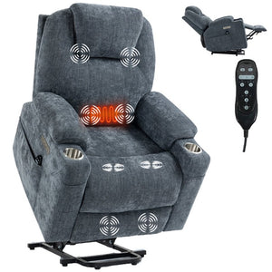 English Elm Up to 350 Lb Chenille Power Lift Recliner with Massage Heat and Charging Ports Blue-gray W3224S00041