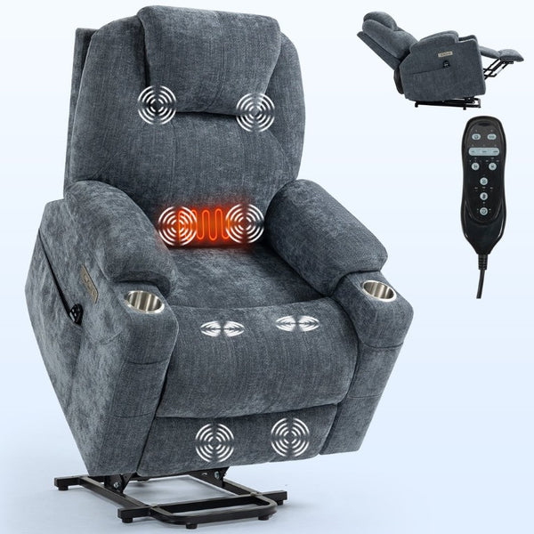 English Elm Up to 350 Lb Chenille Power Lift Recliner with Massage Heat and Charging Ports Blue-gray W3224S00041