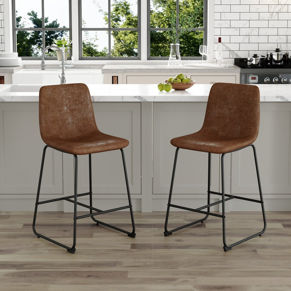 English Elm Set of 2 Vintage Suede Upholstered Iron Barstools for Industrial Home Bar Decor W3226P279063