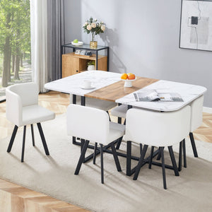 English Elm Modern Reversible Faux Marble Mdf Dining Set with White Pu Leather Chairs Seats Six W3226S00004