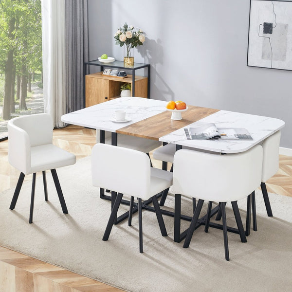 English Elm Modern Reversible Faux Marble Mdf Dining Set with White Pu Leather Chairs Seats Six W3226S00004