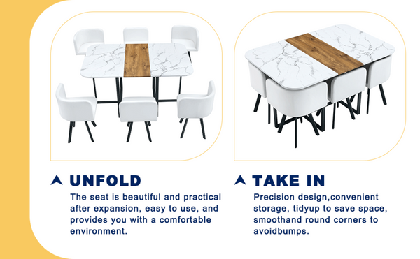English Elm Modern Reversible Faux Marble Mdf Dining Set with White Pu Leather Chairs Seats Six W3226S00004
