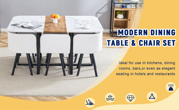 English Elm Modern Reversible Faux Marble Mdf Dining Set with White Pu Leather Chairs Seats Six W3226S00004