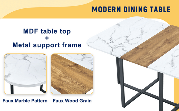 English Elm Modern Reversible Faux Marble Mdf Dining Set with White Pu Leather Chairs Seats Six W3226S00004