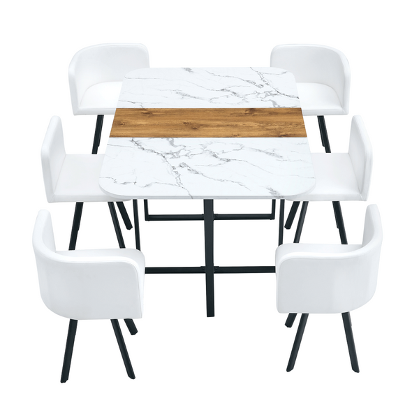 English Elm Modern Reversible Faux Marble Mdf Dining Set with White Pu Leather Chairs Seats Six W3226S00004