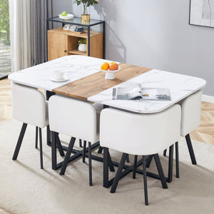 English Elm Modern Reversible Faux Marble Mdf Dining Set with White Pu Leather Chairs Seats Six W3226S00004