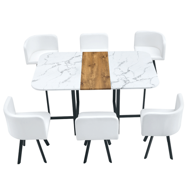 English Elm Modern Reversible Faux Marble Mdf Dining Set with White Pu Leather Chairs Seats Six W3226S00004