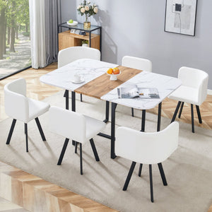 English Elm Modern Reversible Faux Marble Mdf Dining Set with White Pu Leather Chairs Seats Six W3226S00004